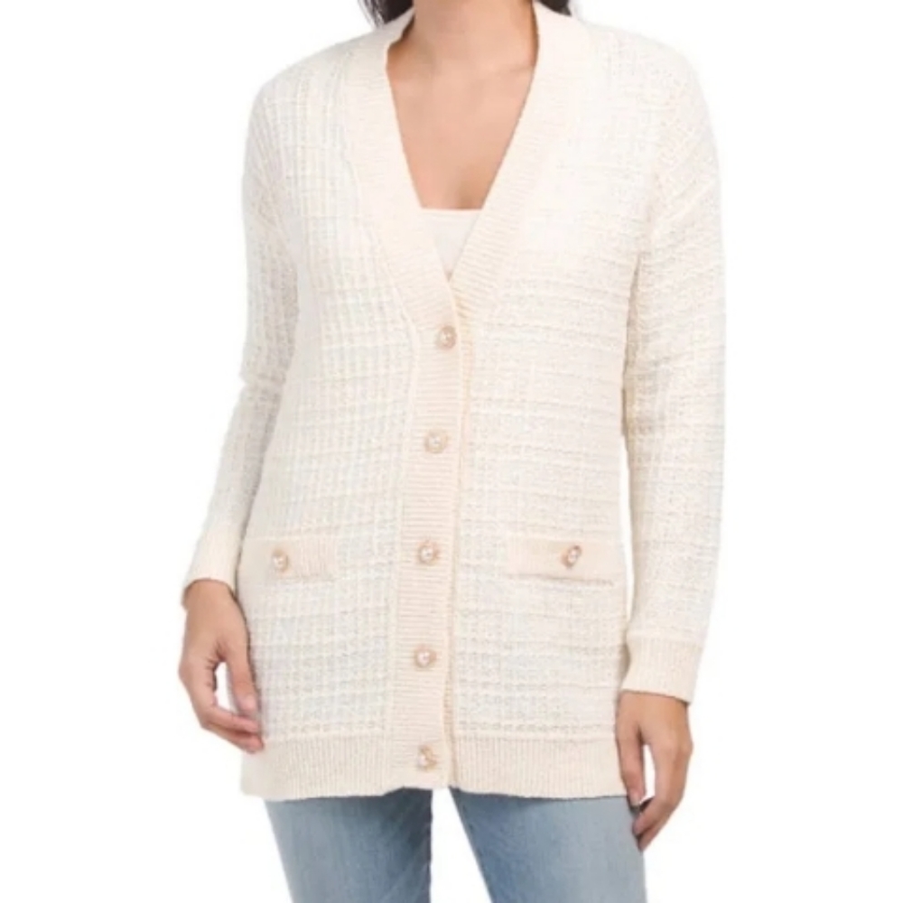 Eli Tahari Long Knit Cardigan Cream Wool Blend Pearl Gold Buttons Small